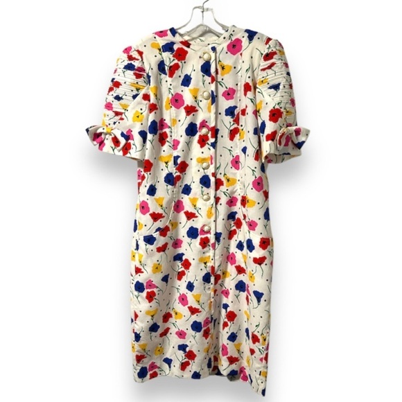 Vintage Dresses & Skirts - Vintage 80s CARELLE White Floral Button Up Dress Women’s Size Large Spring Retro